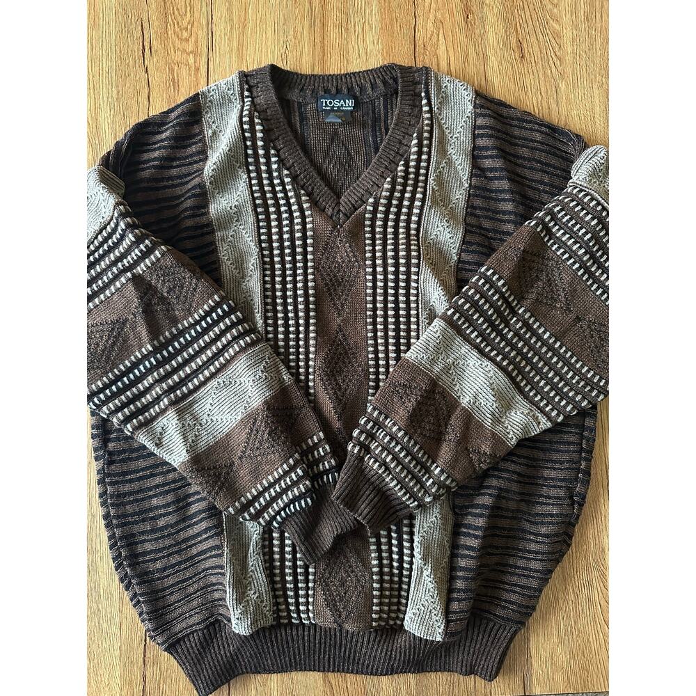 Tosani Vtg Brown Patterned Cosby Sweater Size Large